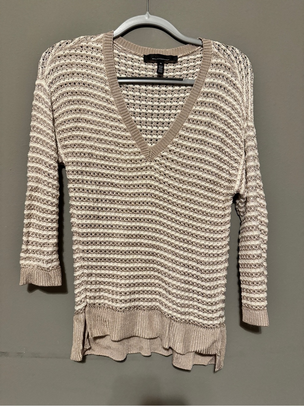White House Black Market Taupe Striped Open-Knit V-Neck Sweater